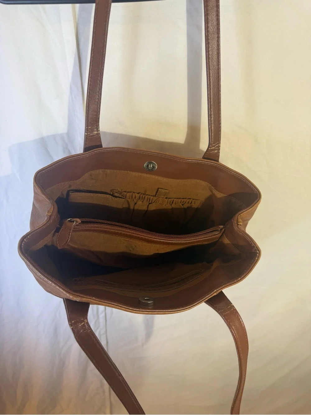 Tan Leather Shoulder Bag with Front Zip Pocket